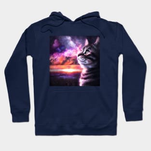 Tabby cat looking at nebula sky Hoodie